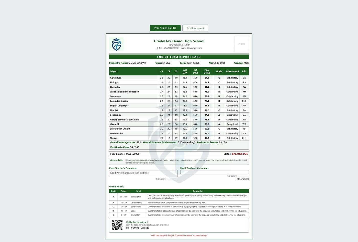 A complete report card on screen: every subject with its scores, grade and achievement, the overall average and position in the class, fees, generic skills, both teachers' comments, the grade rubric, and the QR code that proves the card is genuine.