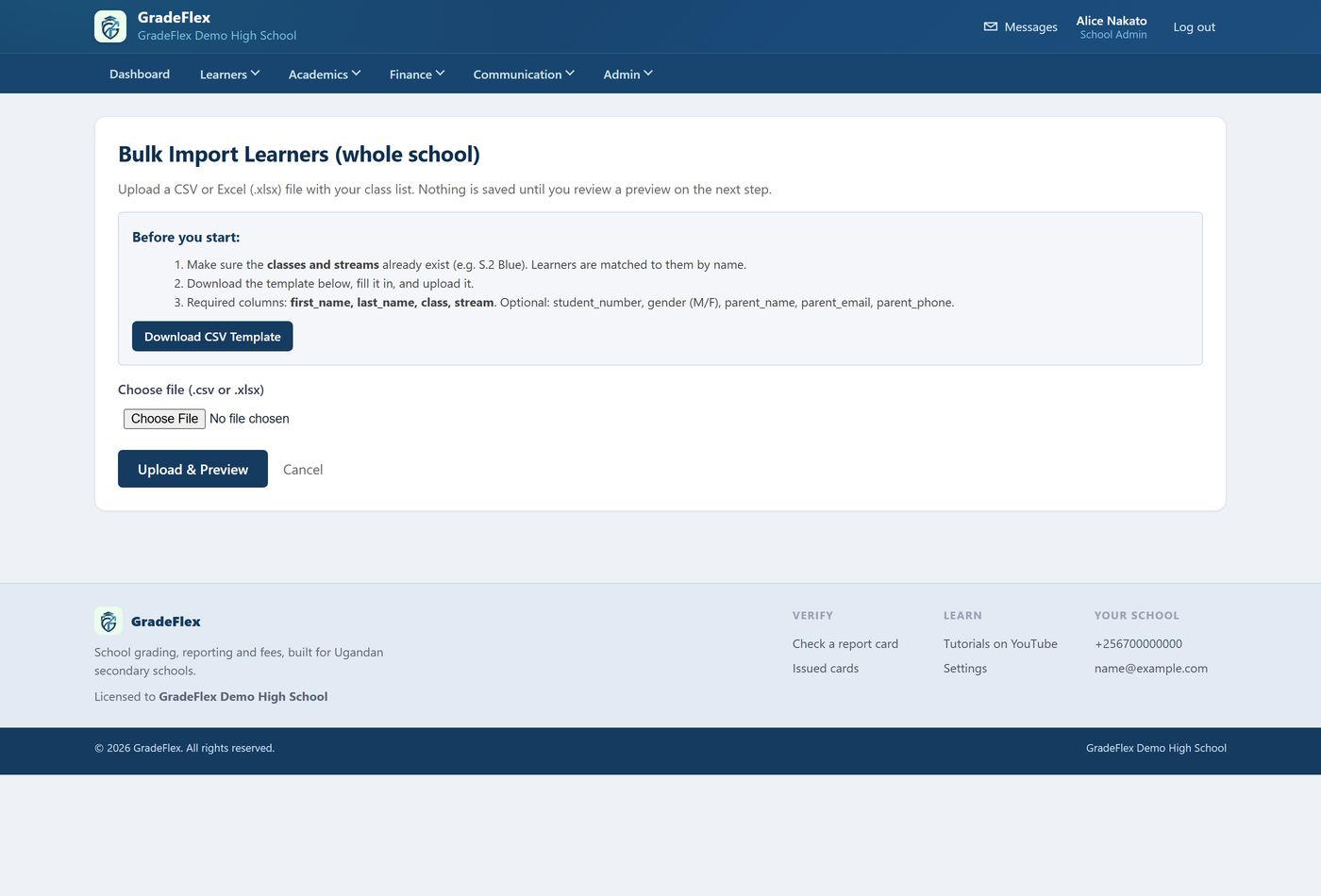 The Import learners screen, with a file chooser for a spreadsheet.