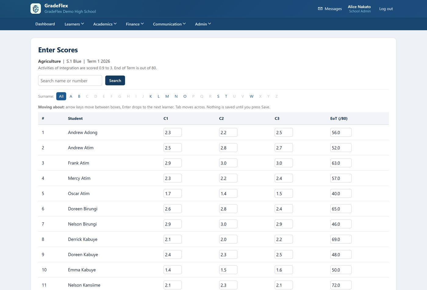 The Enter Scores screen, a whole stream on one page with a mark box for each activity.