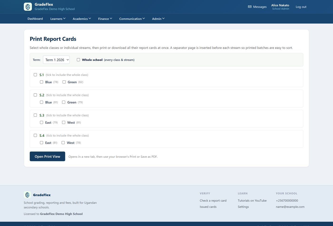The Print report cards screen, choosing a class and a term.