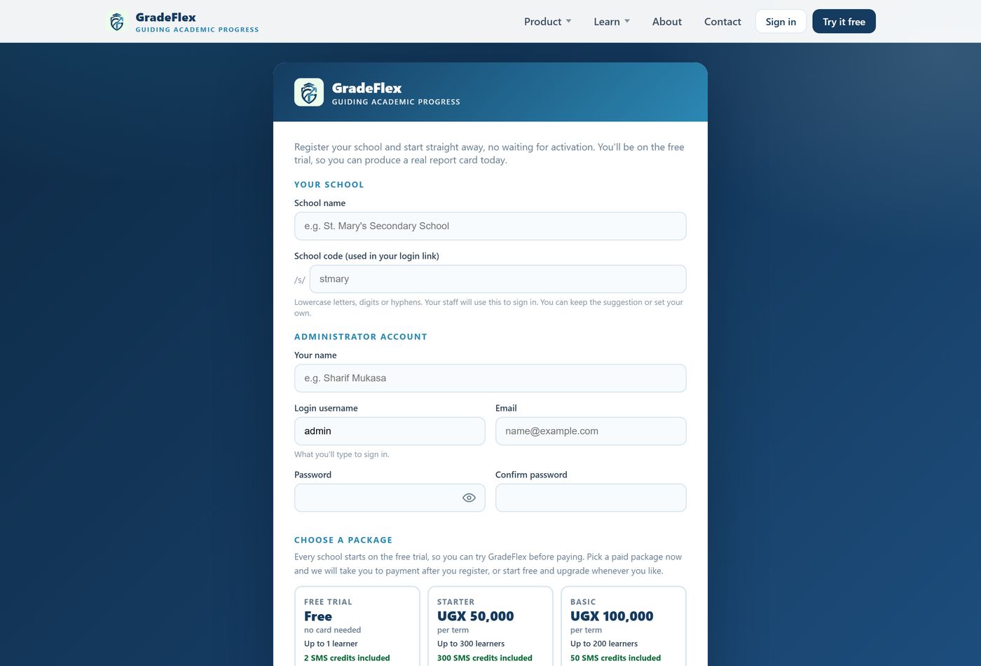 The Register your school form, with the school code field.