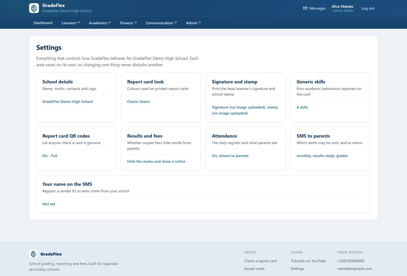 The Settings screen, a grid of cards covering school details, report card colours, signature and stamp.