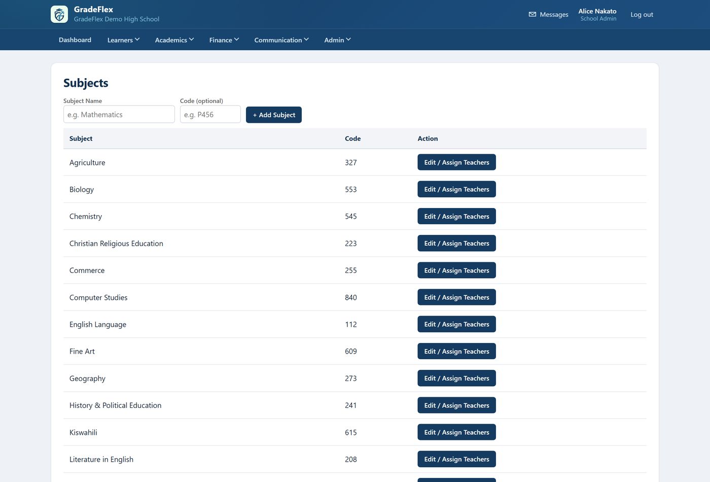 The Subjects screen, listing every subject the school teaches.