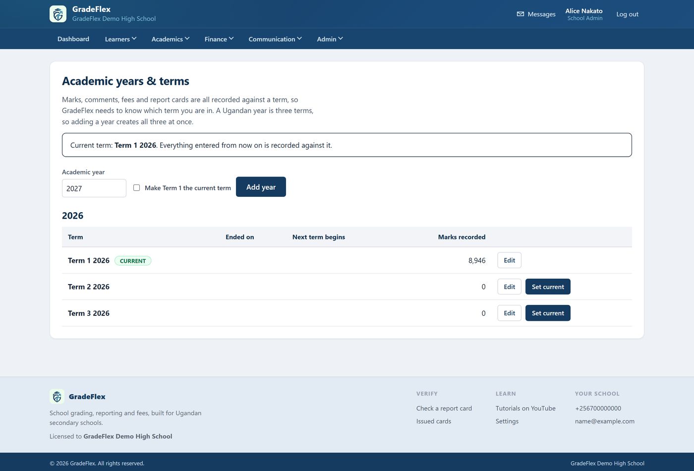The Academic years and terms screen, with Term 1 2026 marked as the current term.