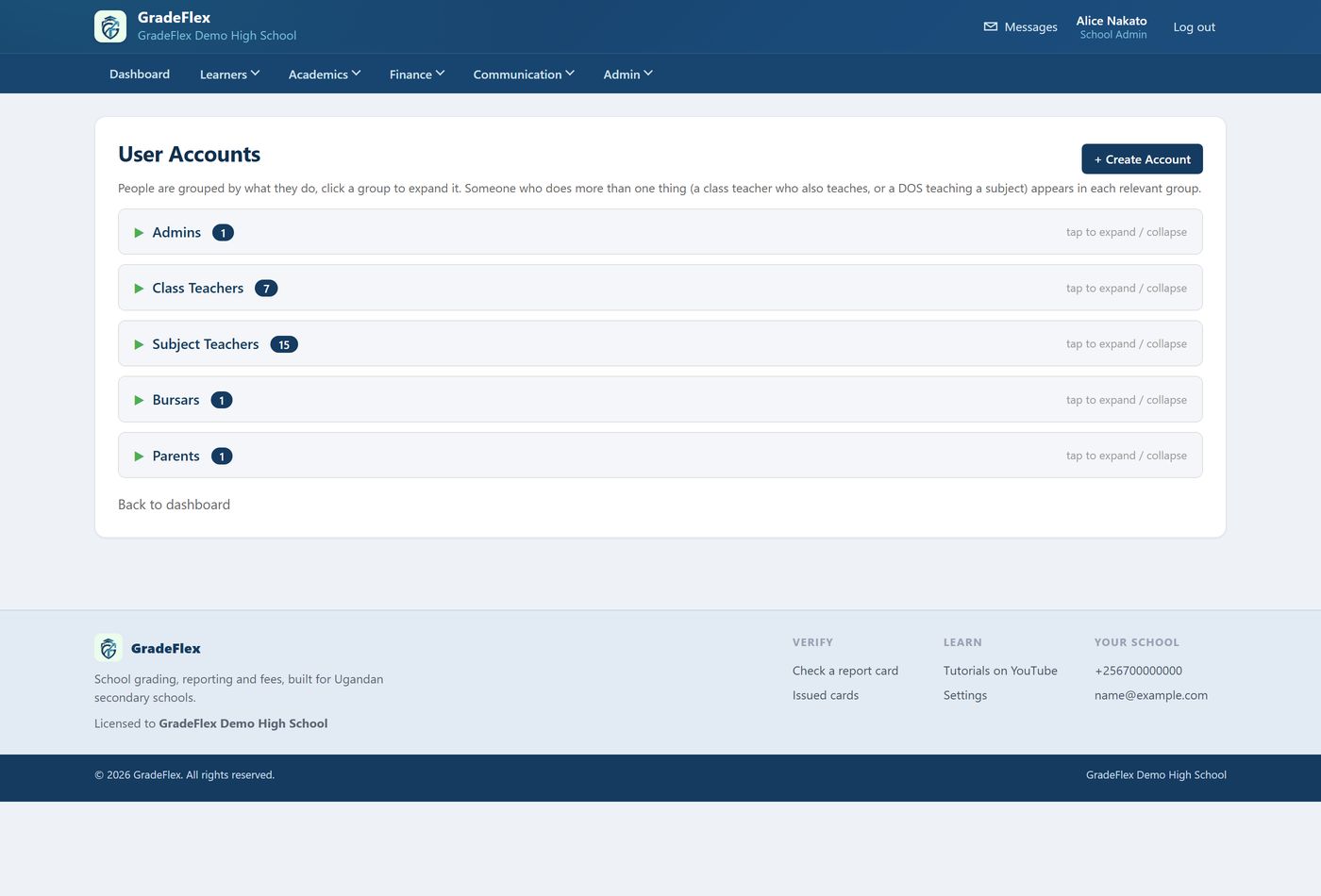 The Users screen, listing staff accounts with their roles.